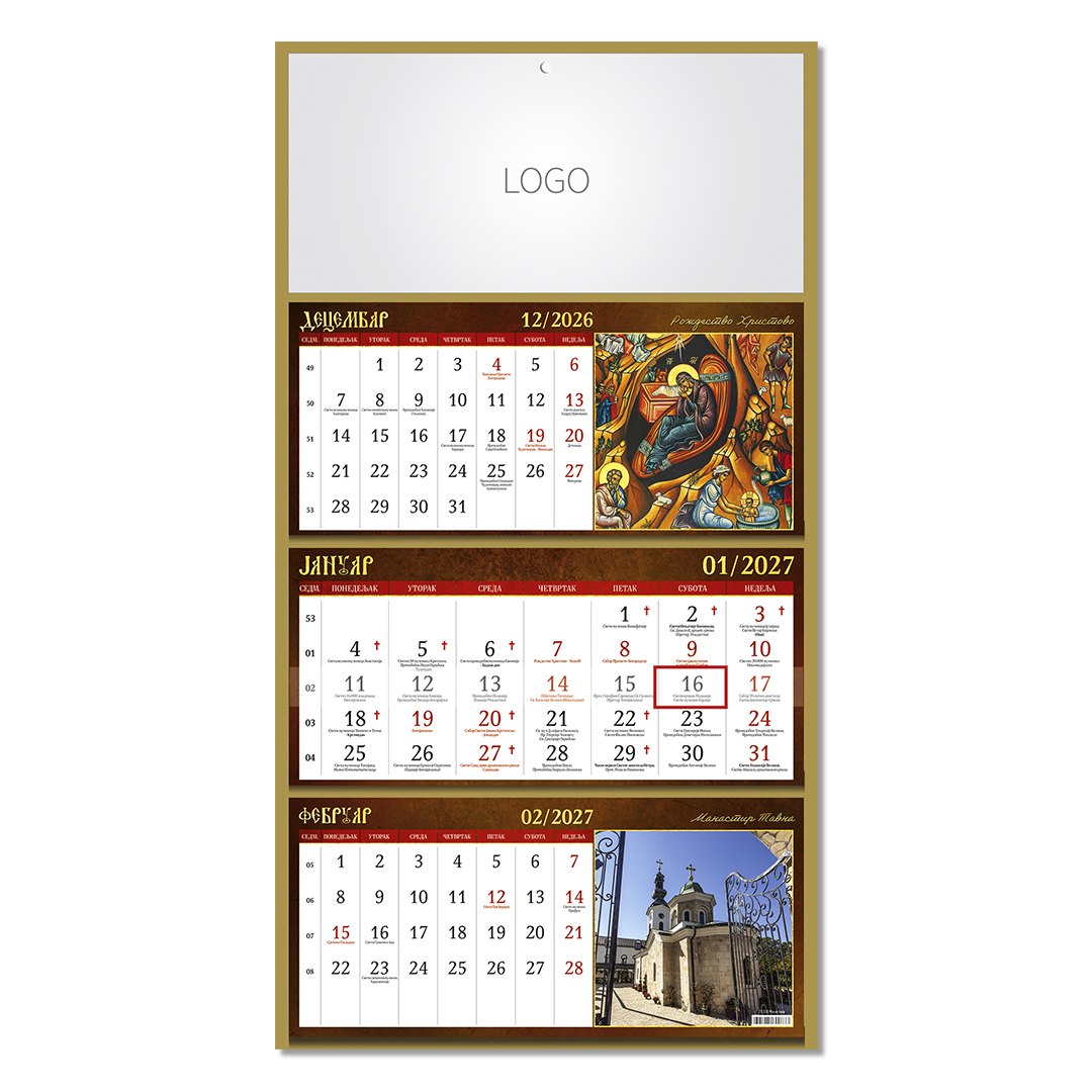 Zidni kalendar: 3 x 12 listova, tromesečni, trodelni