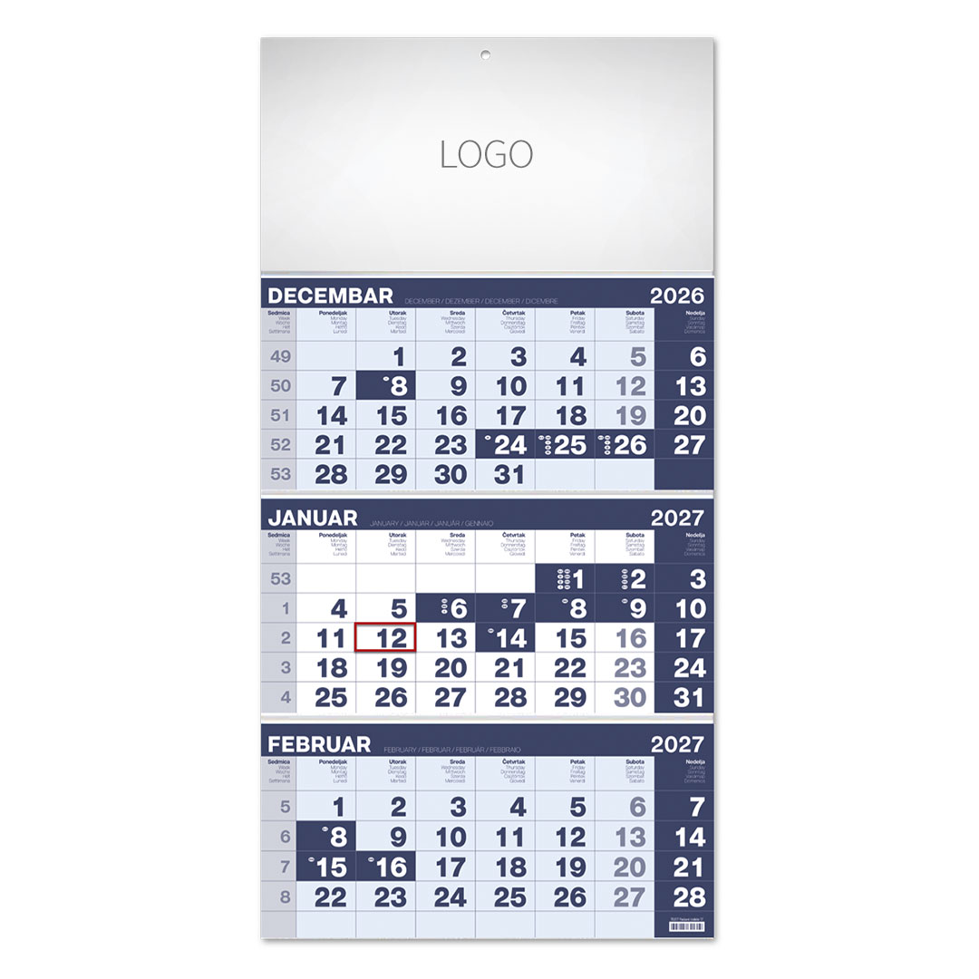 Zidni kalendar, 3 x 12 listova, tromesečni, trodelni